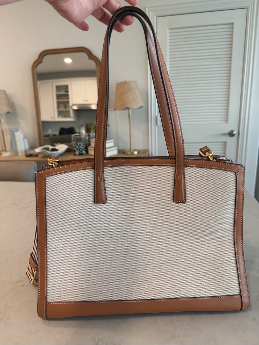 Tory Burch Neutral Canvas Tote with Tan Leather Trim and Striped Strap - Picture 4 of 16